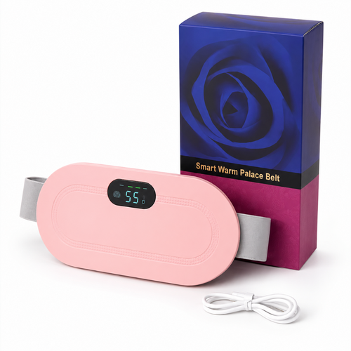 A pink smart warm palace belt with a digital temperature display and gray straps, shown alongside its blue and magenta packaging box and a white charging cable on a white background.