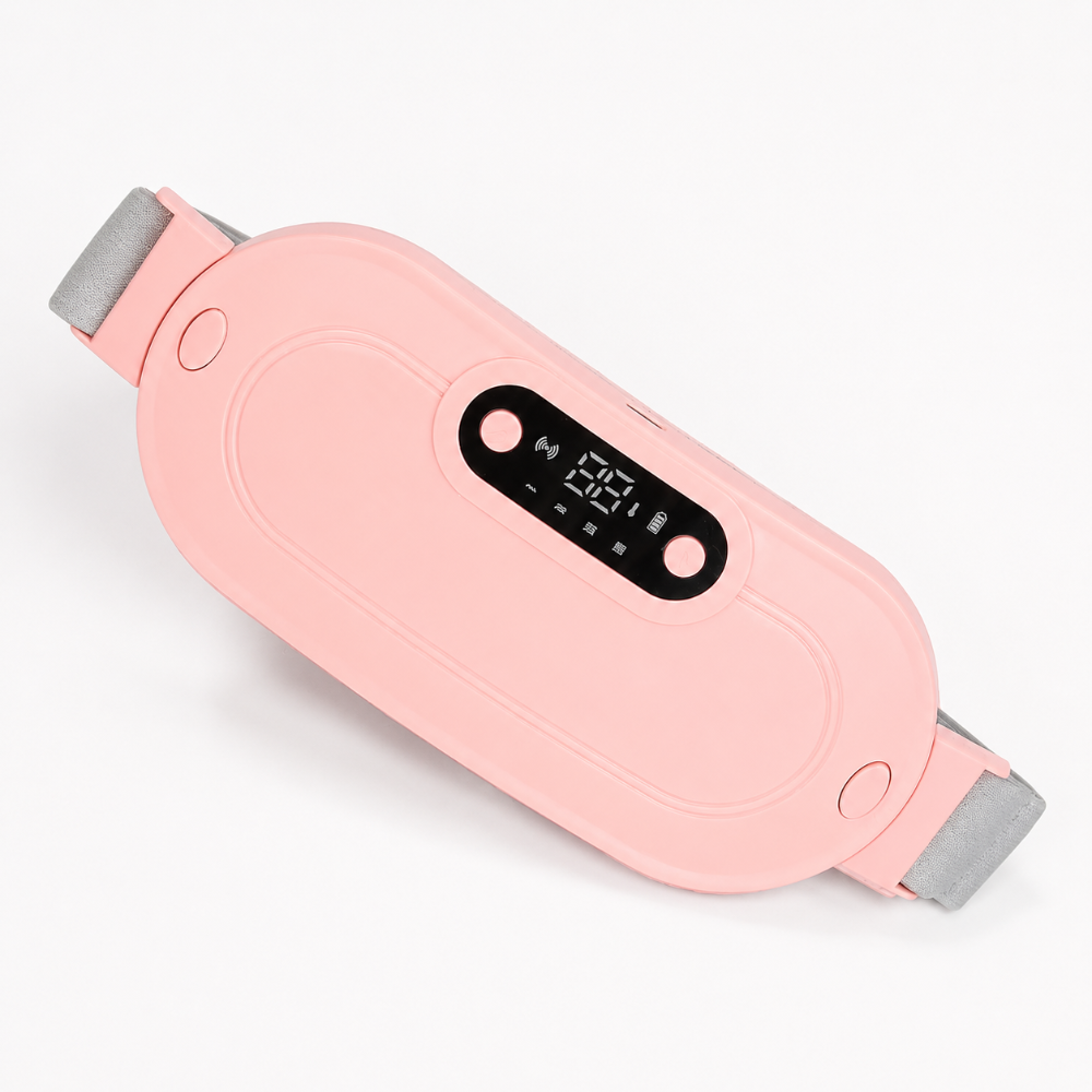 A pink electronic heating pad with a digital display screen and gray adjustable straps, shown on a clean white background.