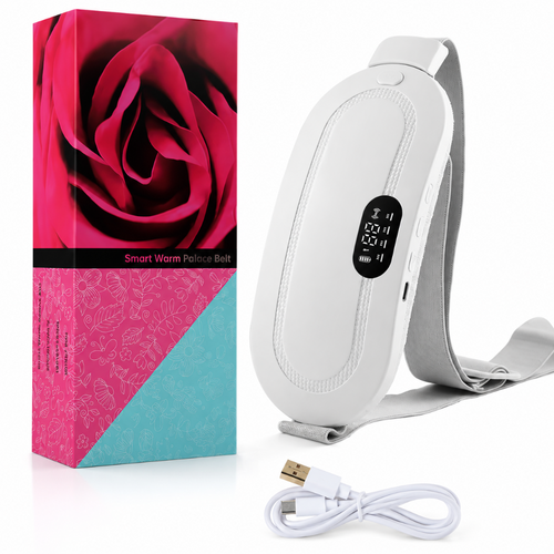 A smart warm palace belt shown with its retail box, charging cable, and the belt itself on a white background. The box features a vibrant pink rose graphic and a pink and teal patterned lower section.