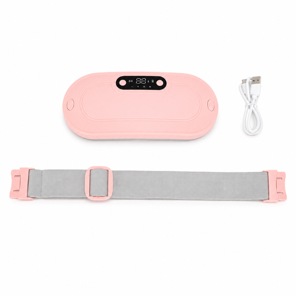Pink heated waist wrap set featuring an oval electronic controller with a digital display, a gray fabric wrap belt with pink plastic buckle ends, and a white USB charging cable, all arranged on a clean white background.