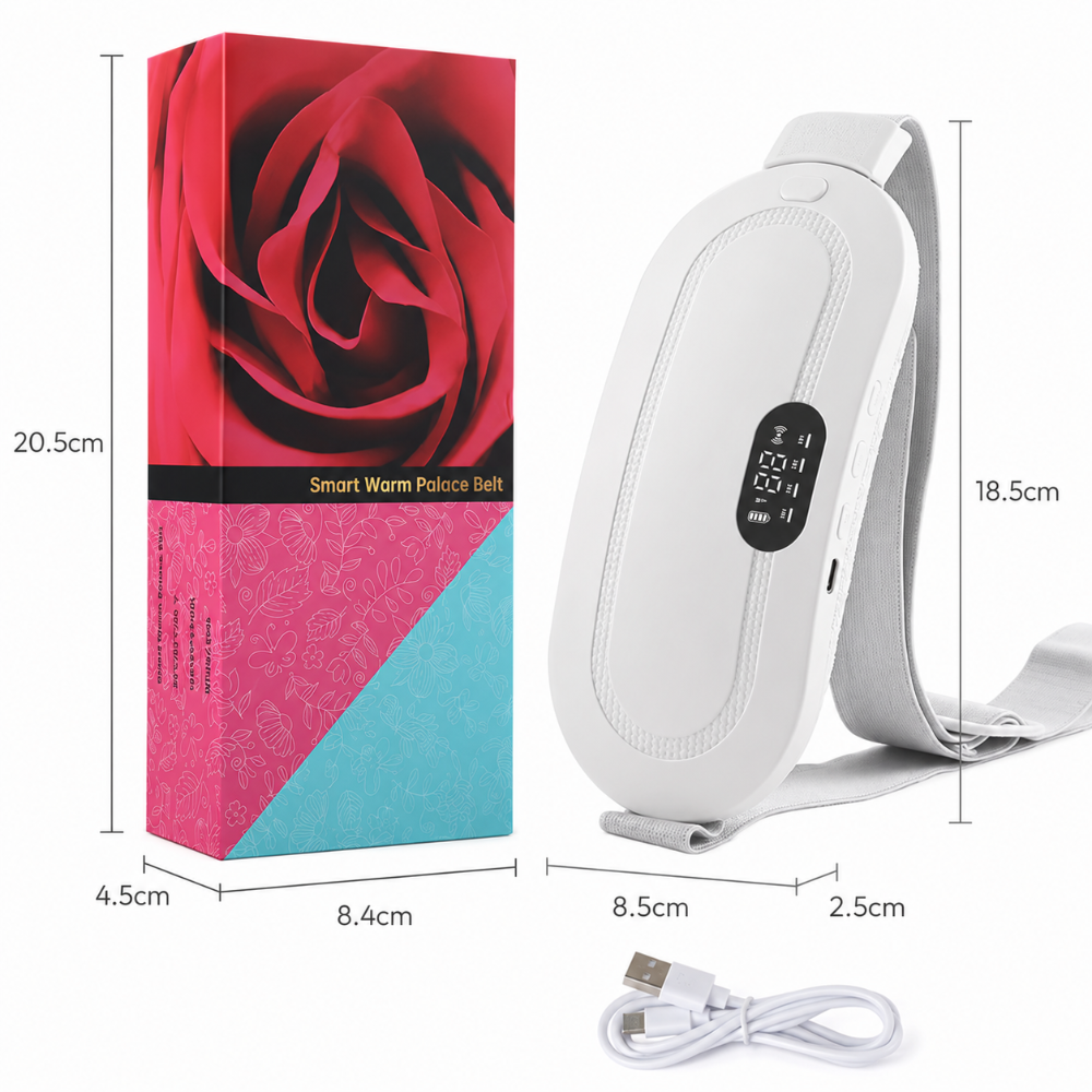 A smart warm police belt shown next to its retail box and USB charging cable, with dimension labels indicating the product and packaging measurements on a white background.
