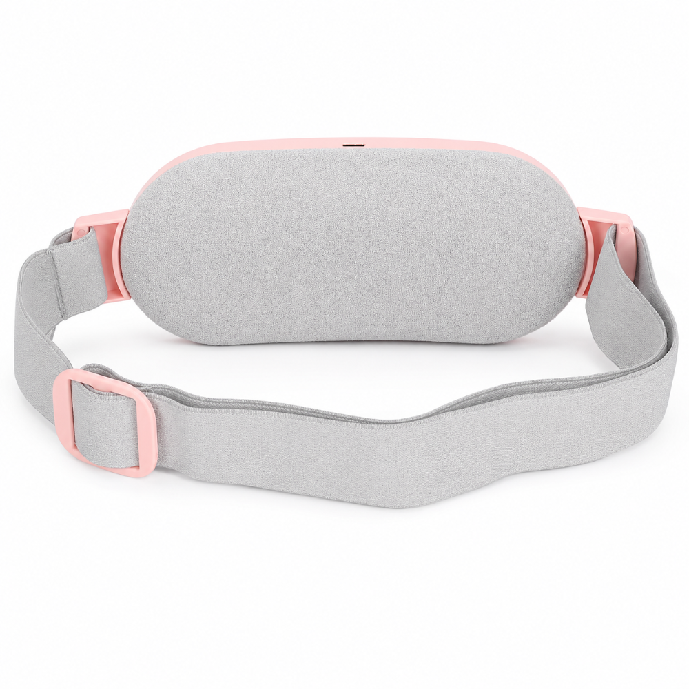 A light gray fabric waist wrap or abdominal support belt with a matching padded oval section and pink plastic buckle details, shown on a clean white background.