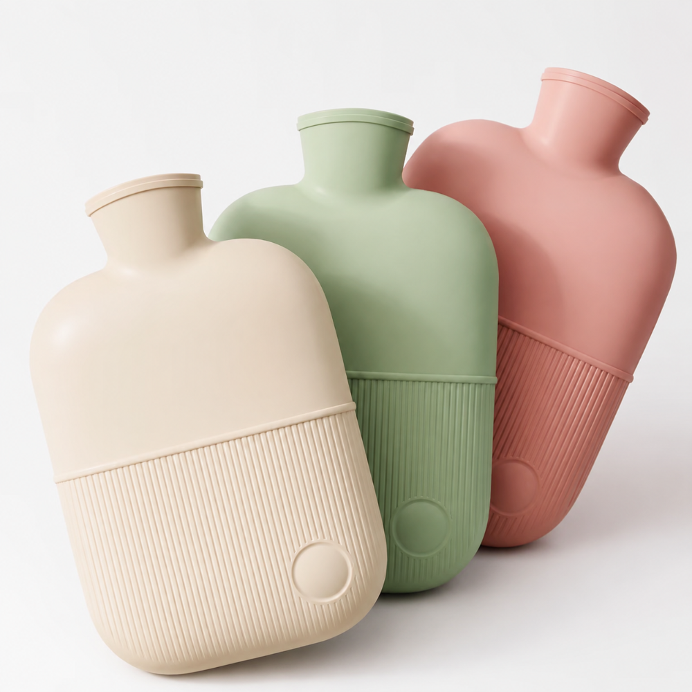 Three matte hot water bottles in cream, sage green, and dusty pink, arranged in a clean studio setting against a white background.