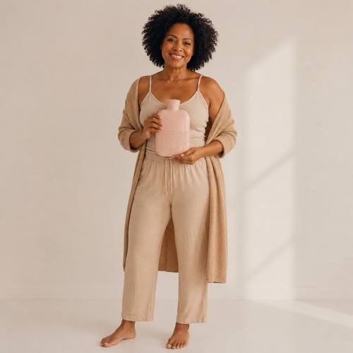 A woman stands barefoot in a bright studio setting, wearing a beige camisole, matching drawstring pants, and a draped cardigan, while holding a pale pink bottle.