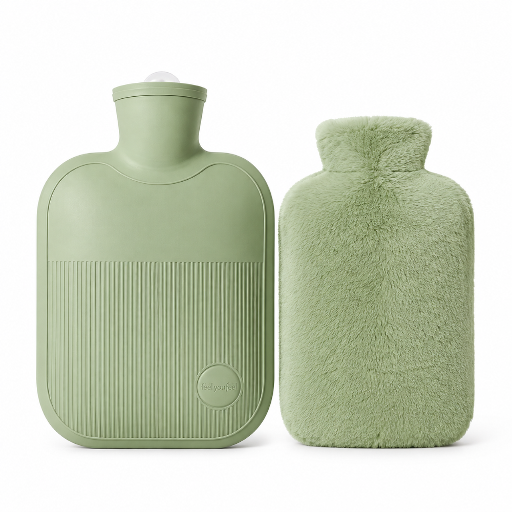 A sage green hot water bottle with a ribbed front and a small circular Melpo logo, shown next to its matching fuzzy faux-fur protective cover on a white background.